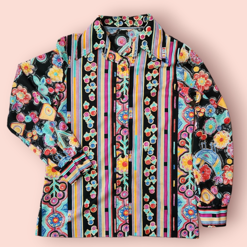Fun and Funky 70s Flower Power Bird Polyester Button Down Shirt